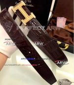 Perfect Replica Coffee Croco Leather Belt With Diamonds Gold Buckle
